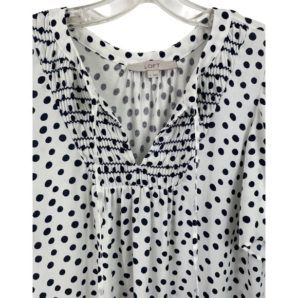 Polka Dot Blouse By Loft Size M Short Sleeve Smocked White/Black - Picture 3 of 8